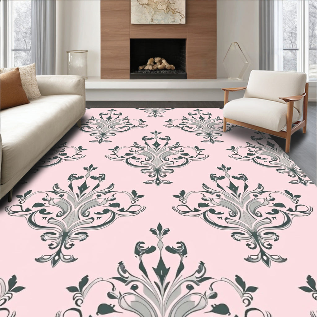 Pastel Pink Gray Damask Floral Ornament Rug