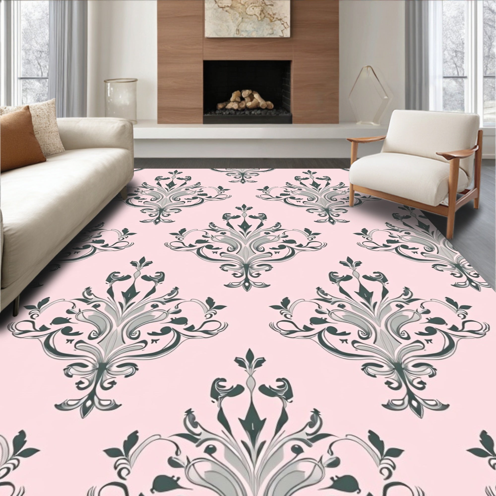 Pastel Pink Gray Damask Floral Ornament Rug