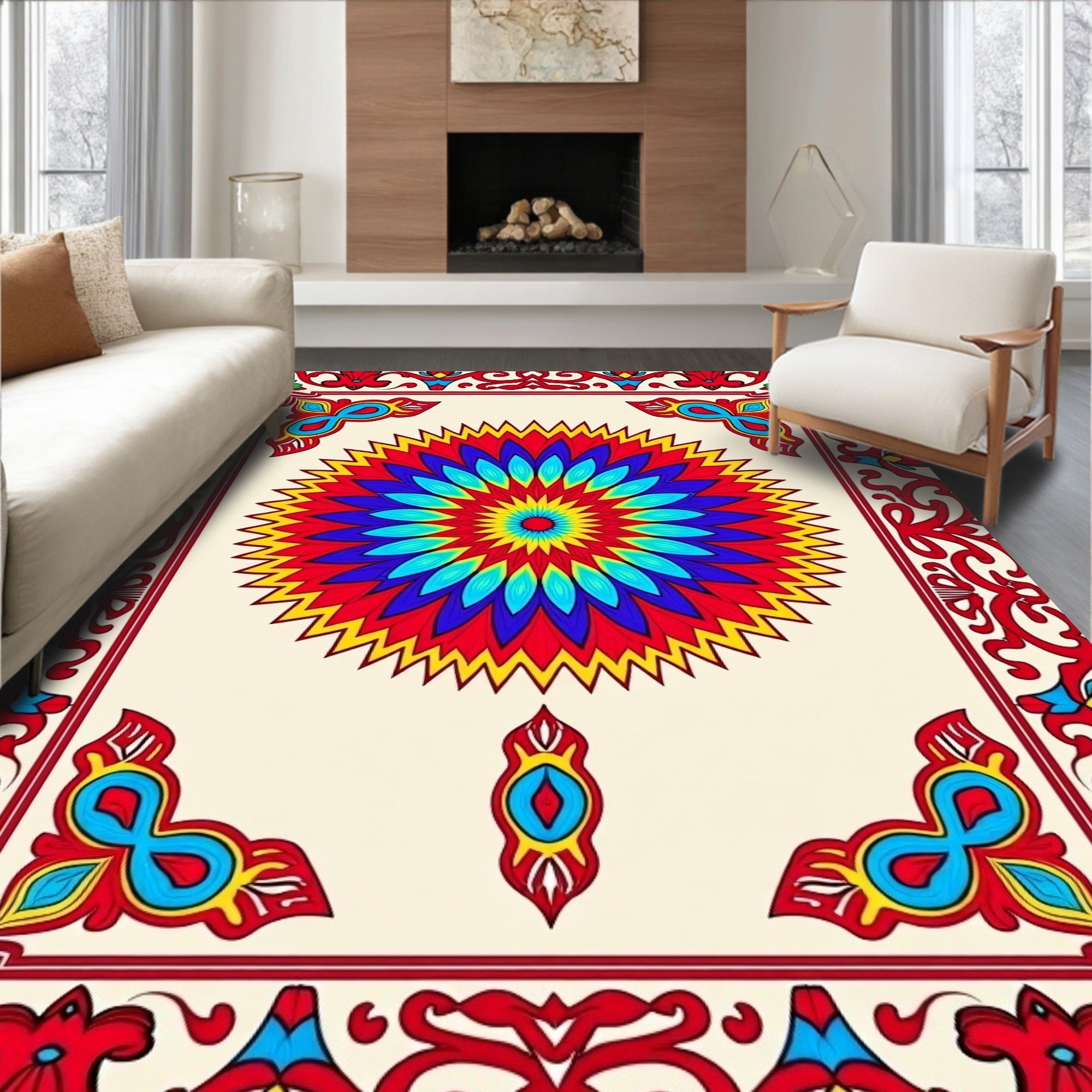 Radiant Sunburst Medallion Red Border Rug