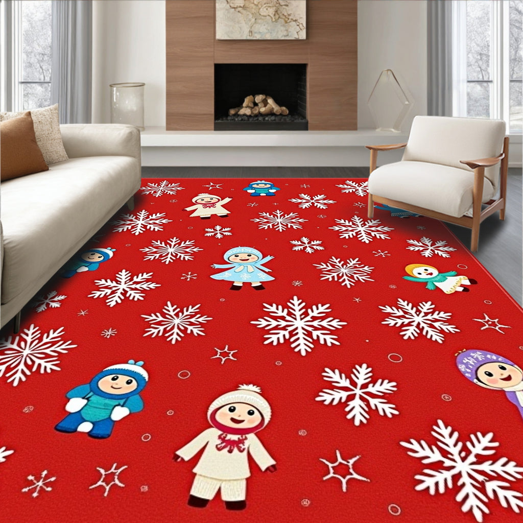 Crimson Snow Kids and Flakes Rug