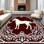 Deep Red White Horse Medallion Frame Rug