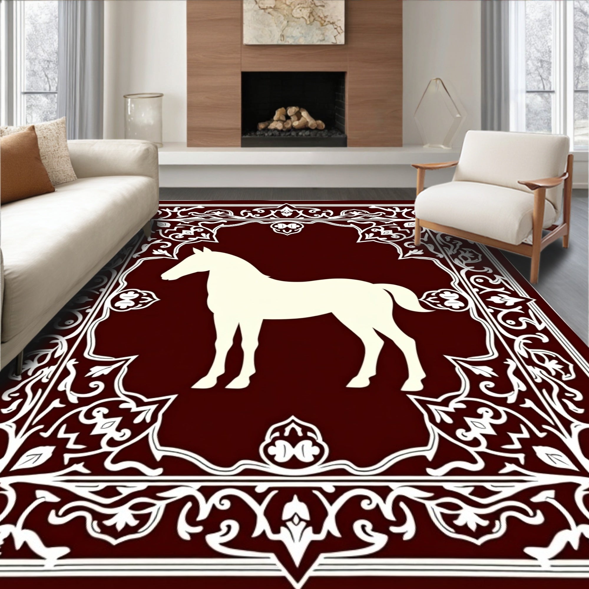 Deep Red White Horse Medallion Frame Rug