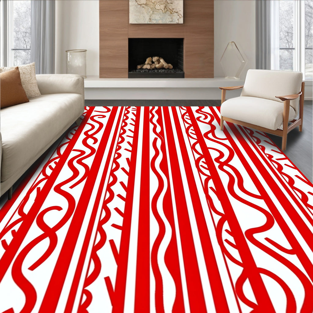 Bold Red Vertical Abstract Scroll Rug