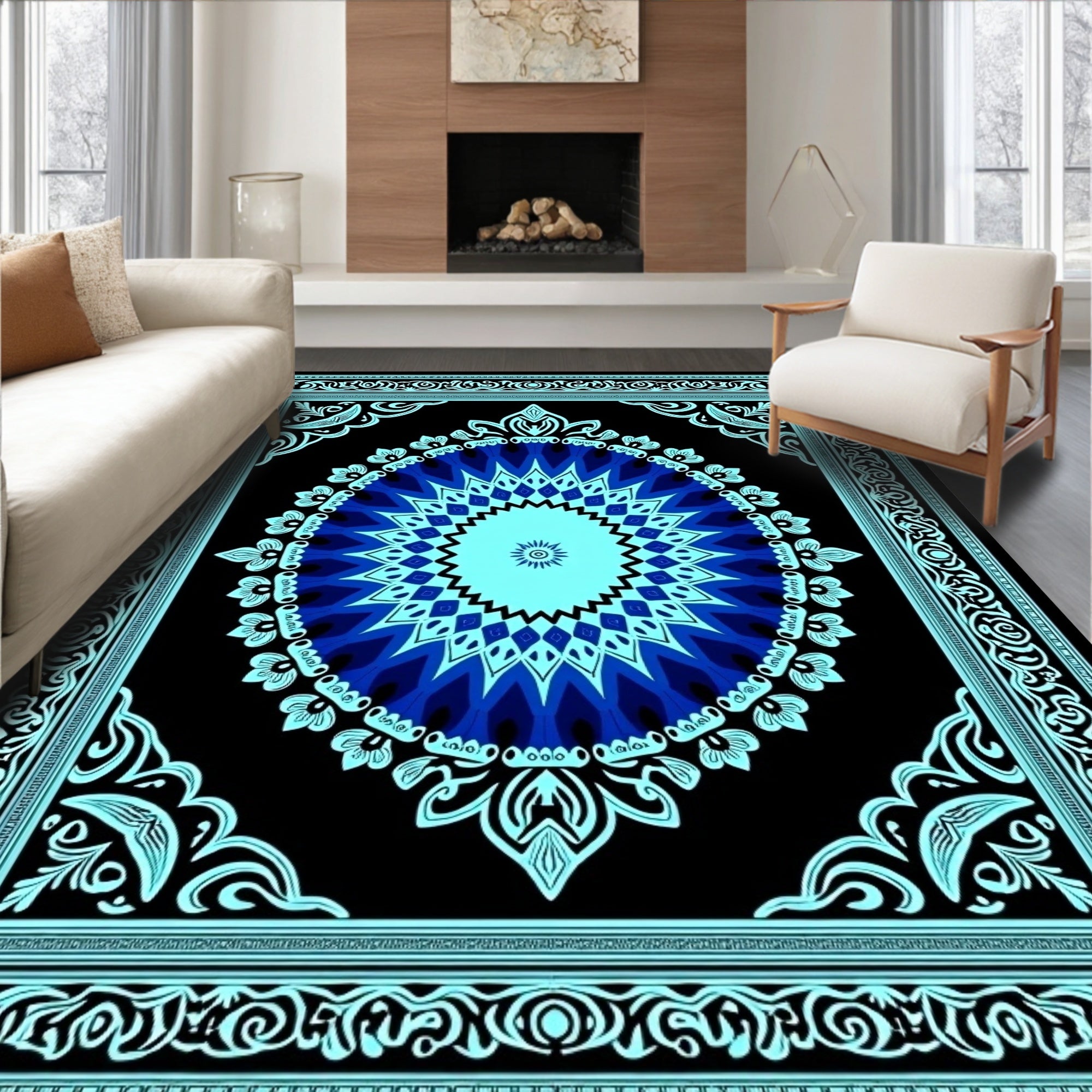Electric Blue Medallion Black Border Rug