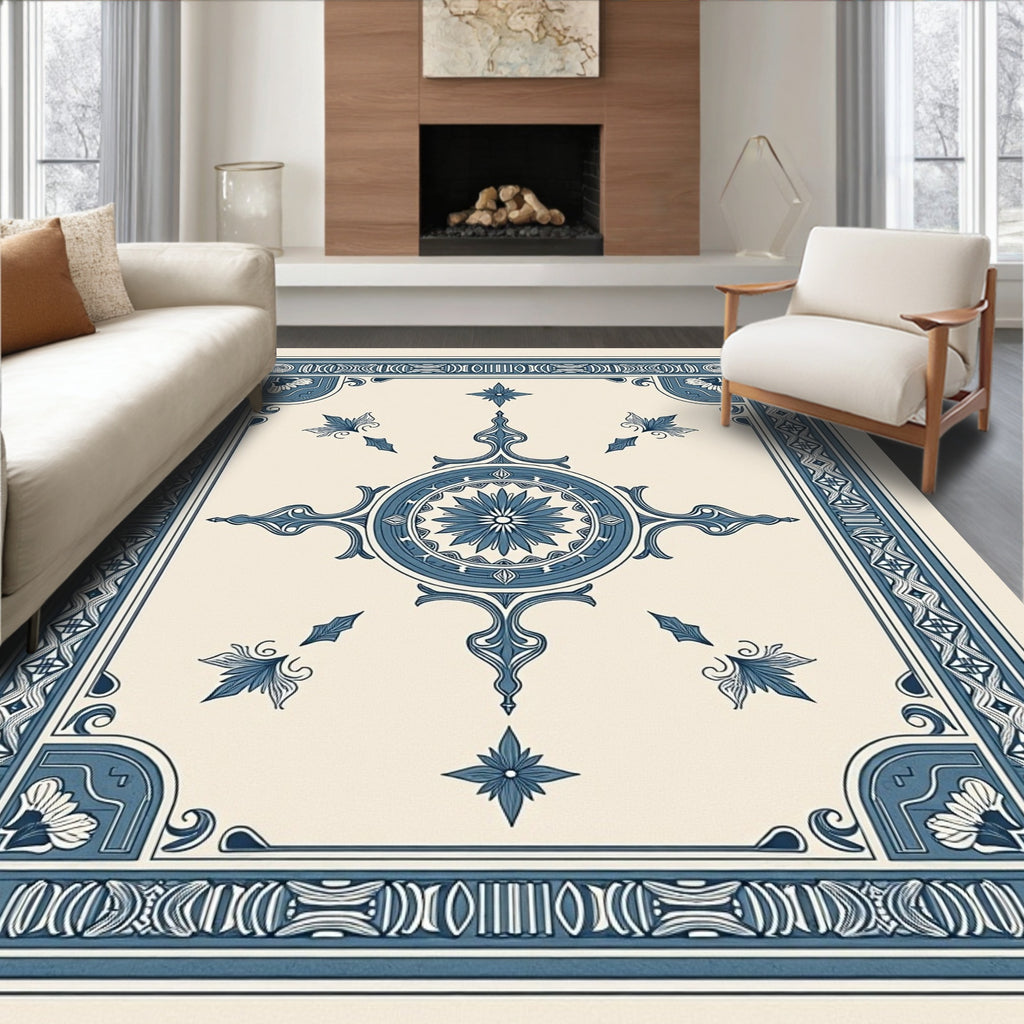 Classic Blue Floral Medallion Border Rug