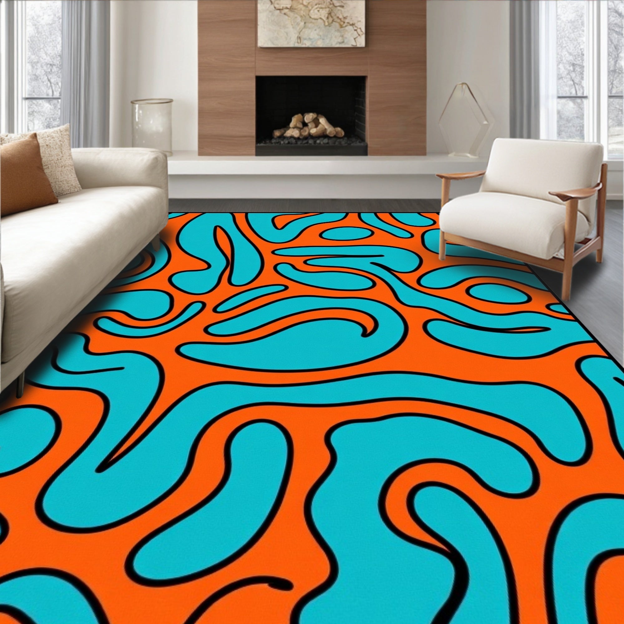Bold Orange Aqua Swirl Rug