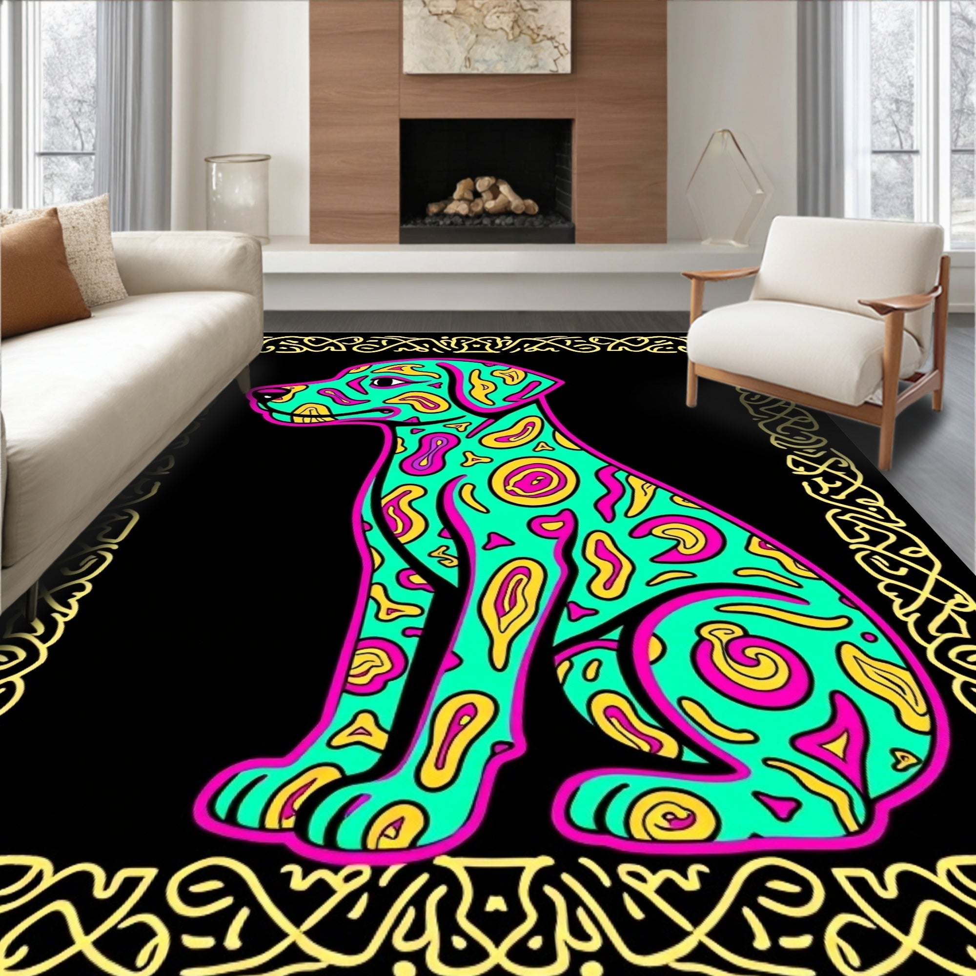 Vibrant Teal Abstract Dog Frame Rug