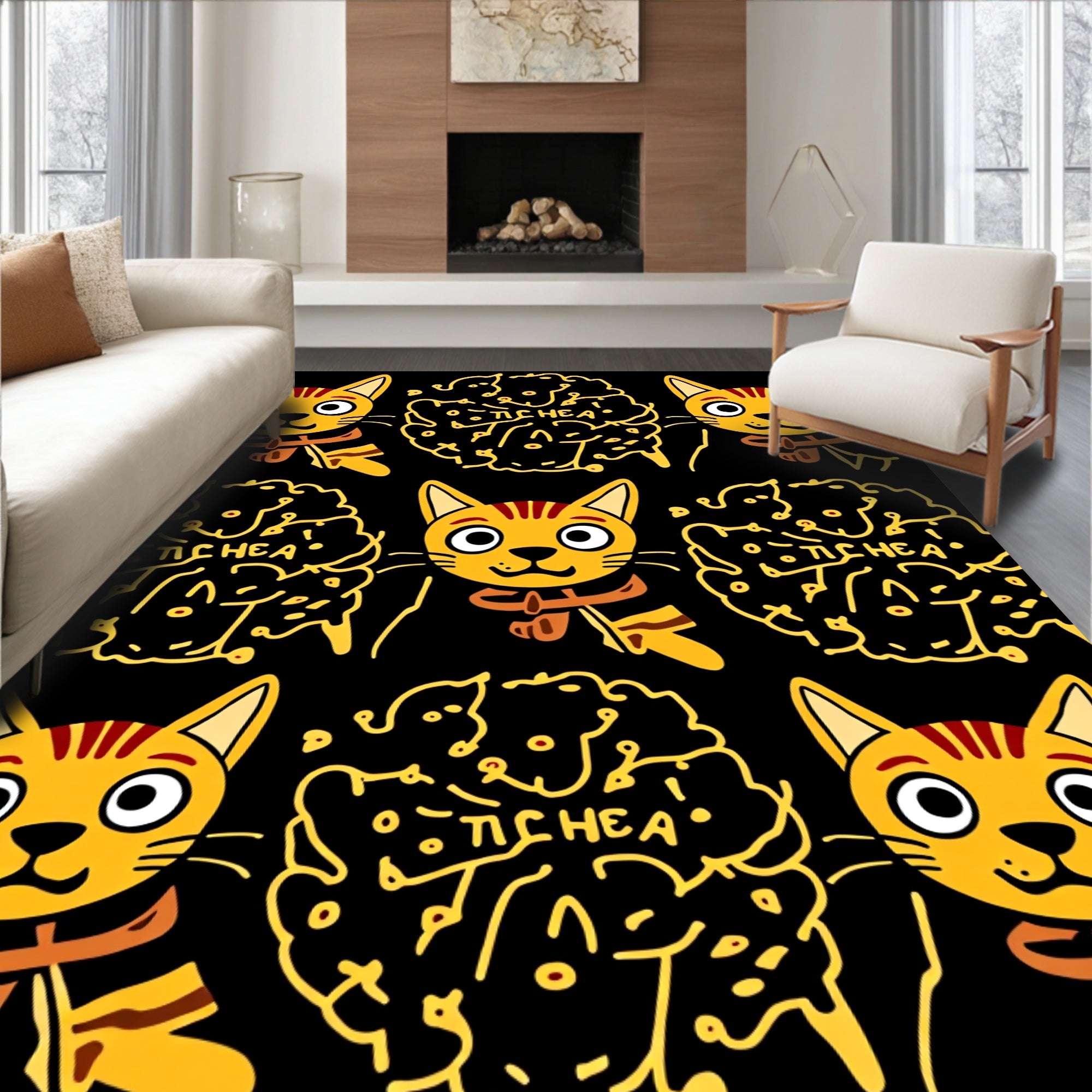 Whimsical Yellow Cat Brain Pattern Rug