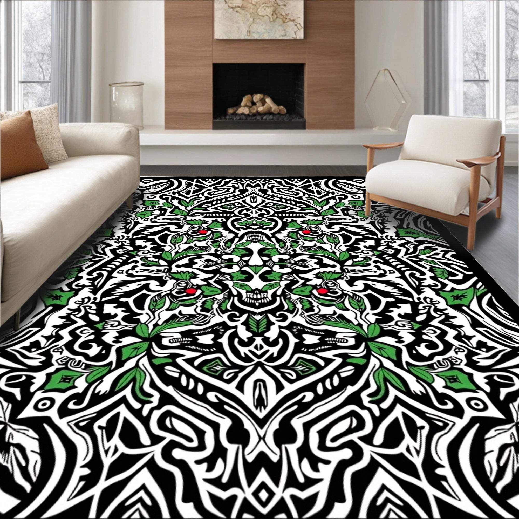 Monochromatic Black Green Skull Foliage Rug