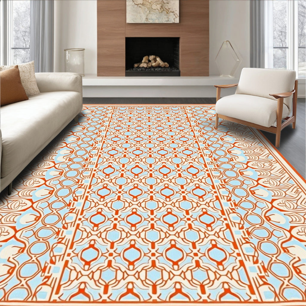 Orange Blue Geometric Lattice Frame Rug