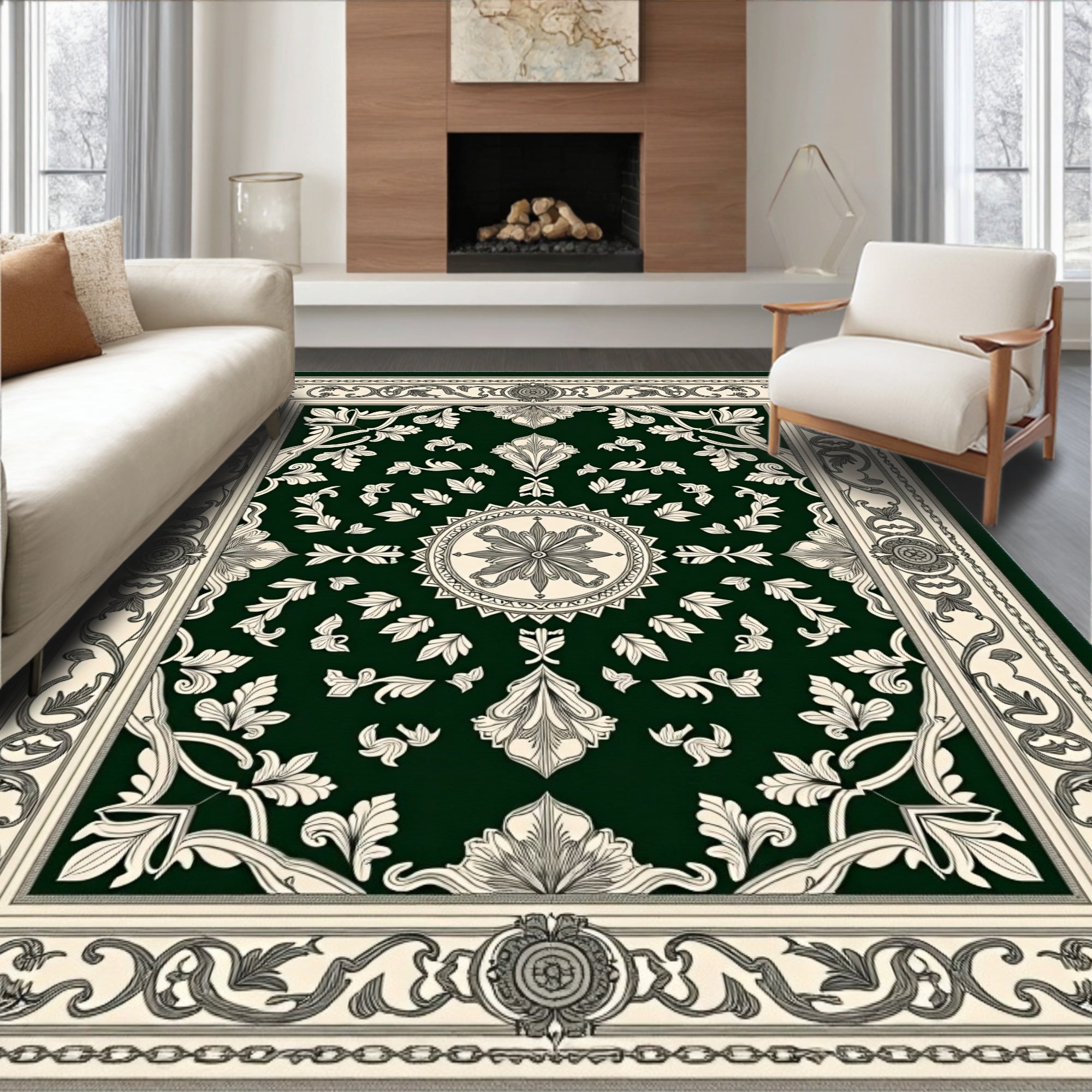 Ornate Cream and Green Floral Medallion Rug
