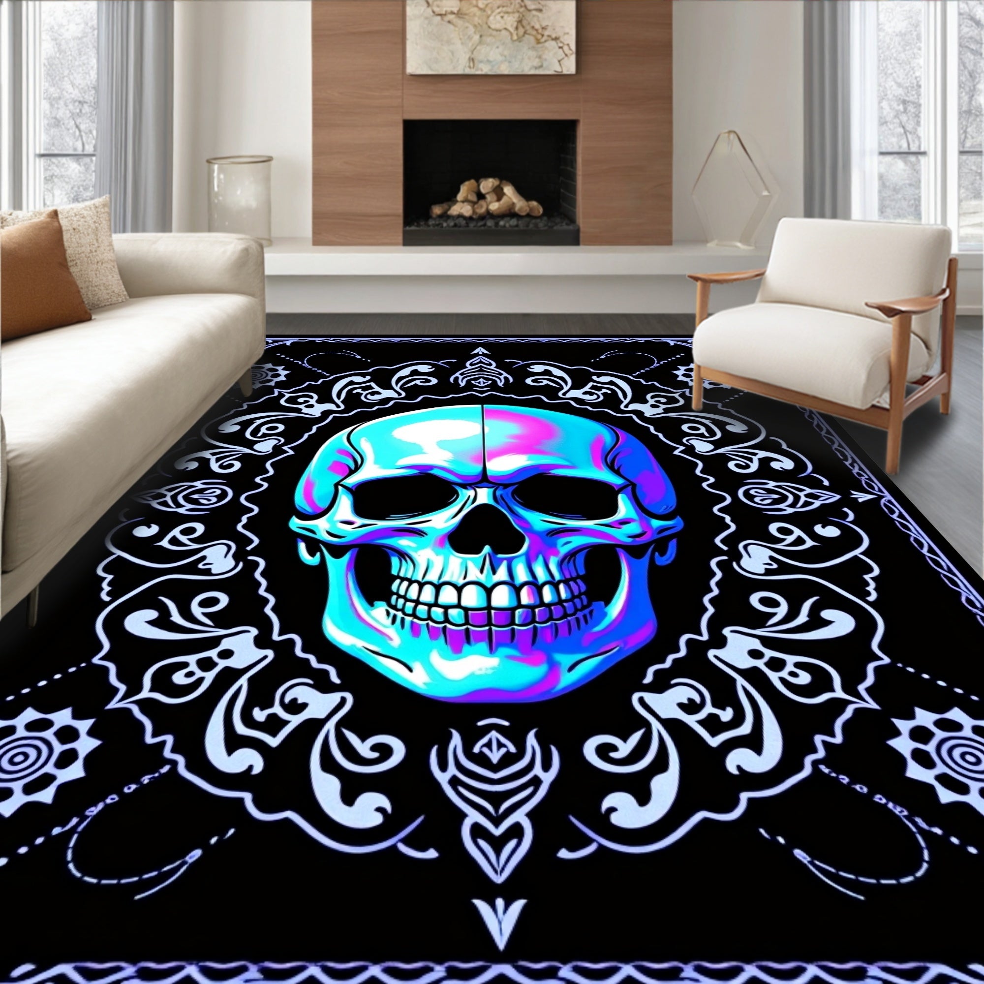 Illuminated Skull With Ornate Frame Rug
