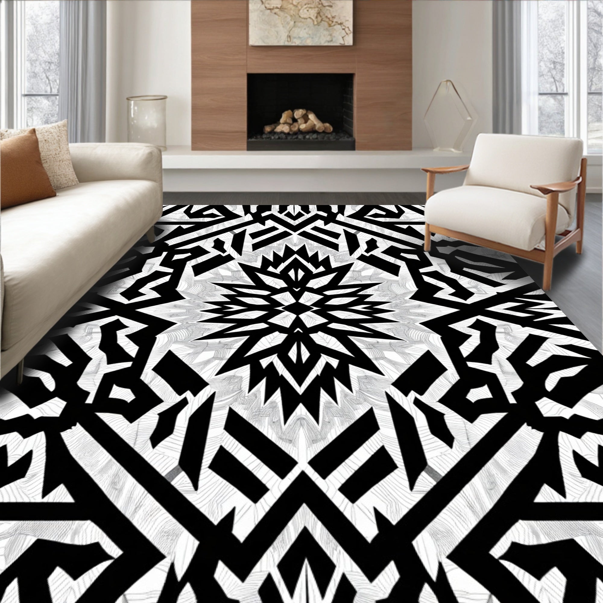 Bold Black Abstract Geometric Symmetry Rug