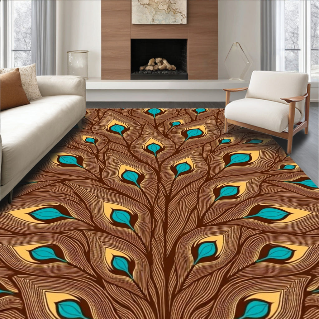 Brown Teal Gold Feathered Fan Rug