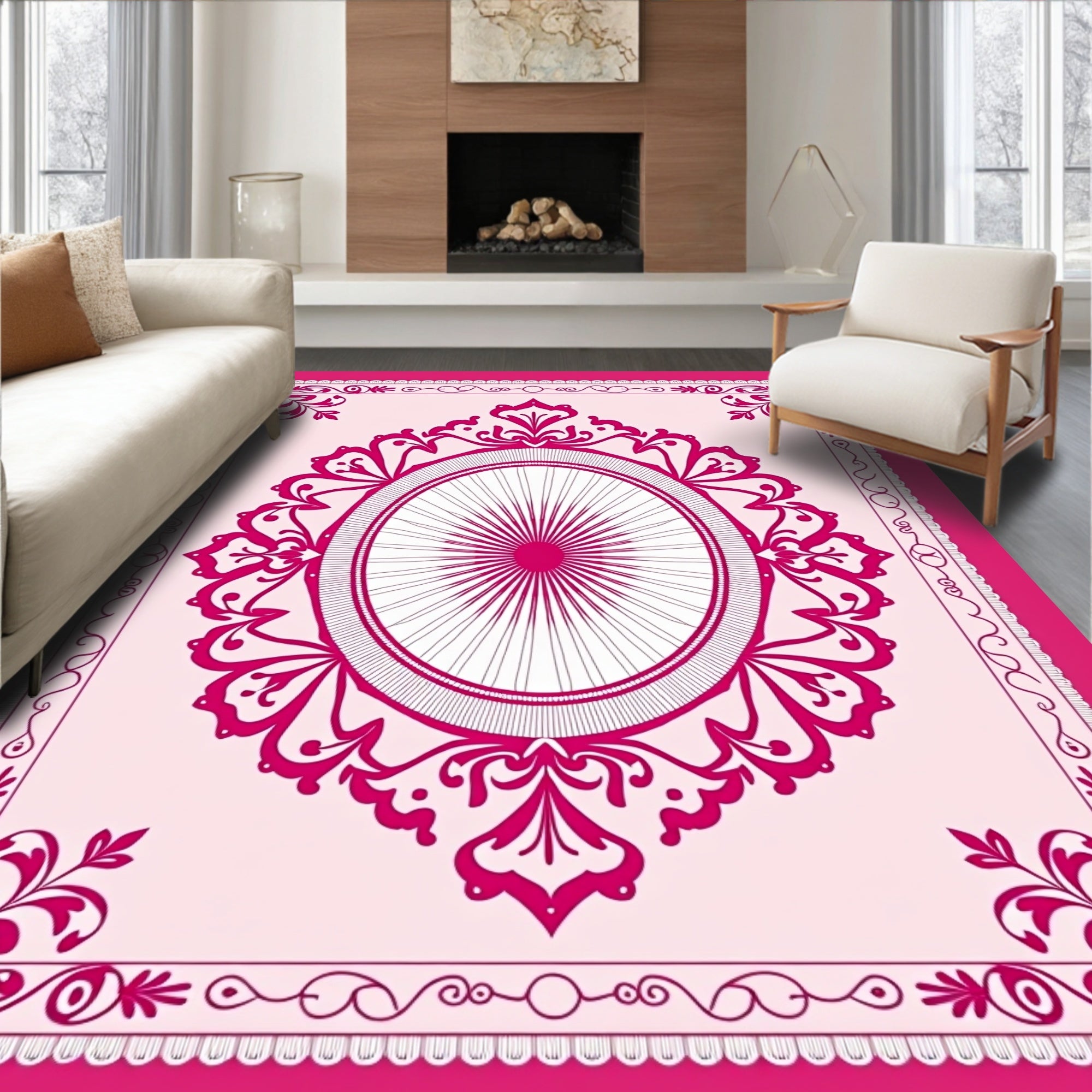 Enchanting Pink Floral Oval Medallion Rug