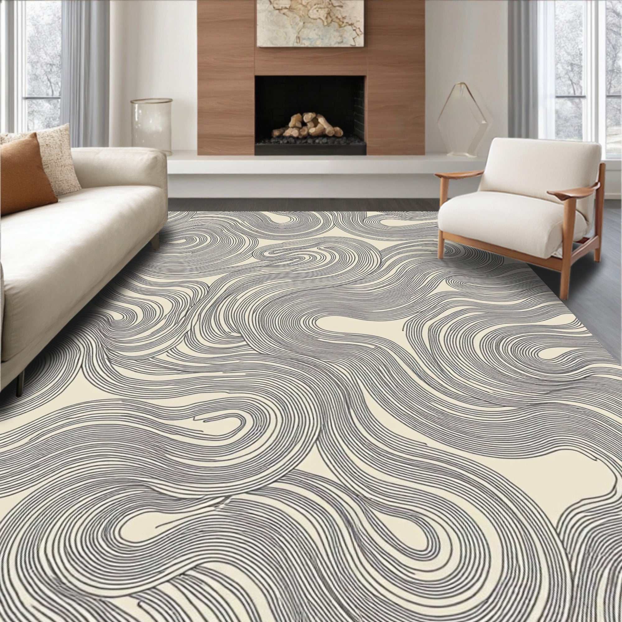 Cream And Charcoal Swirl Lines Rug