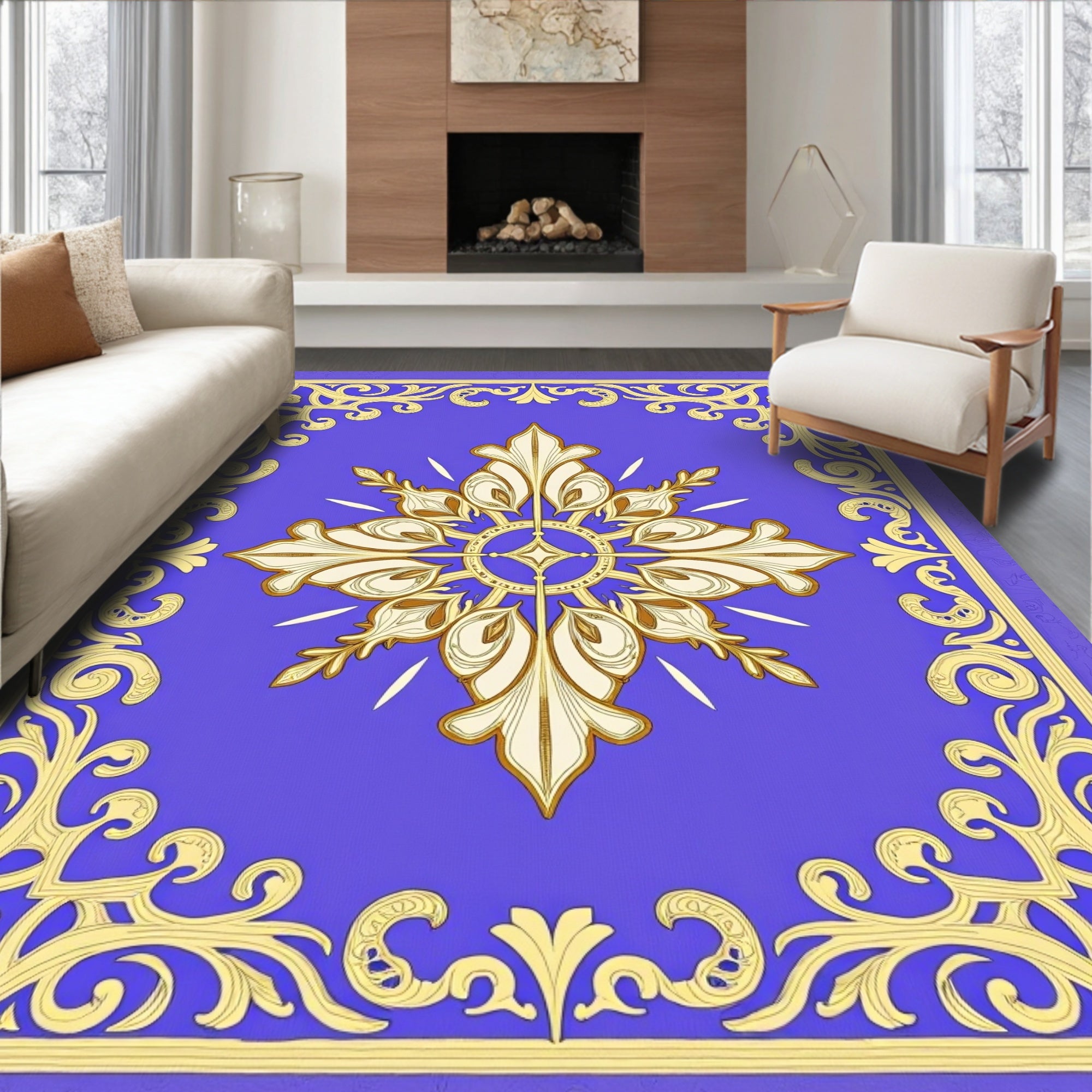 Regal Blue Golden Floral Medallion Rug