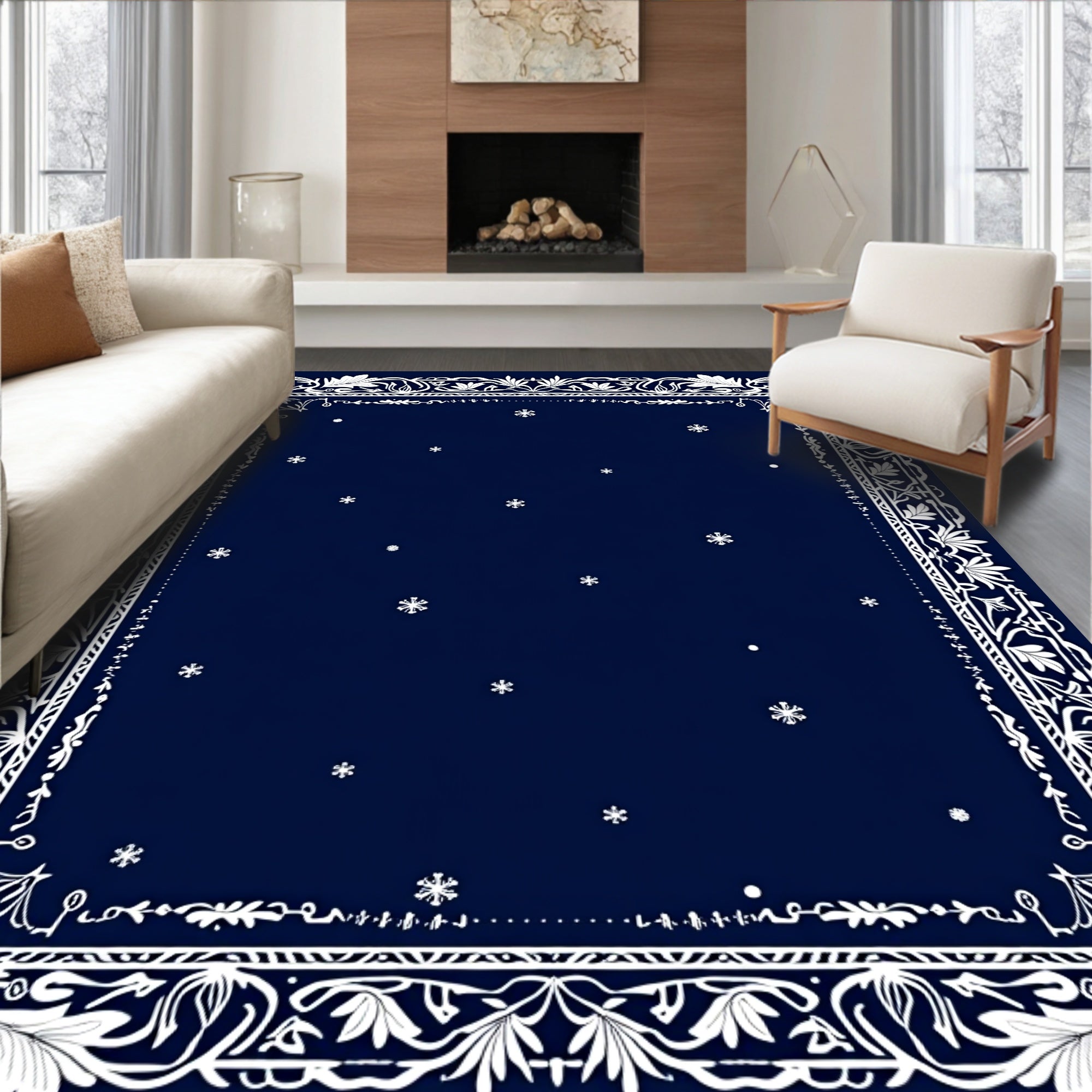 Elegant Dark Blue Snowflake Border Rug