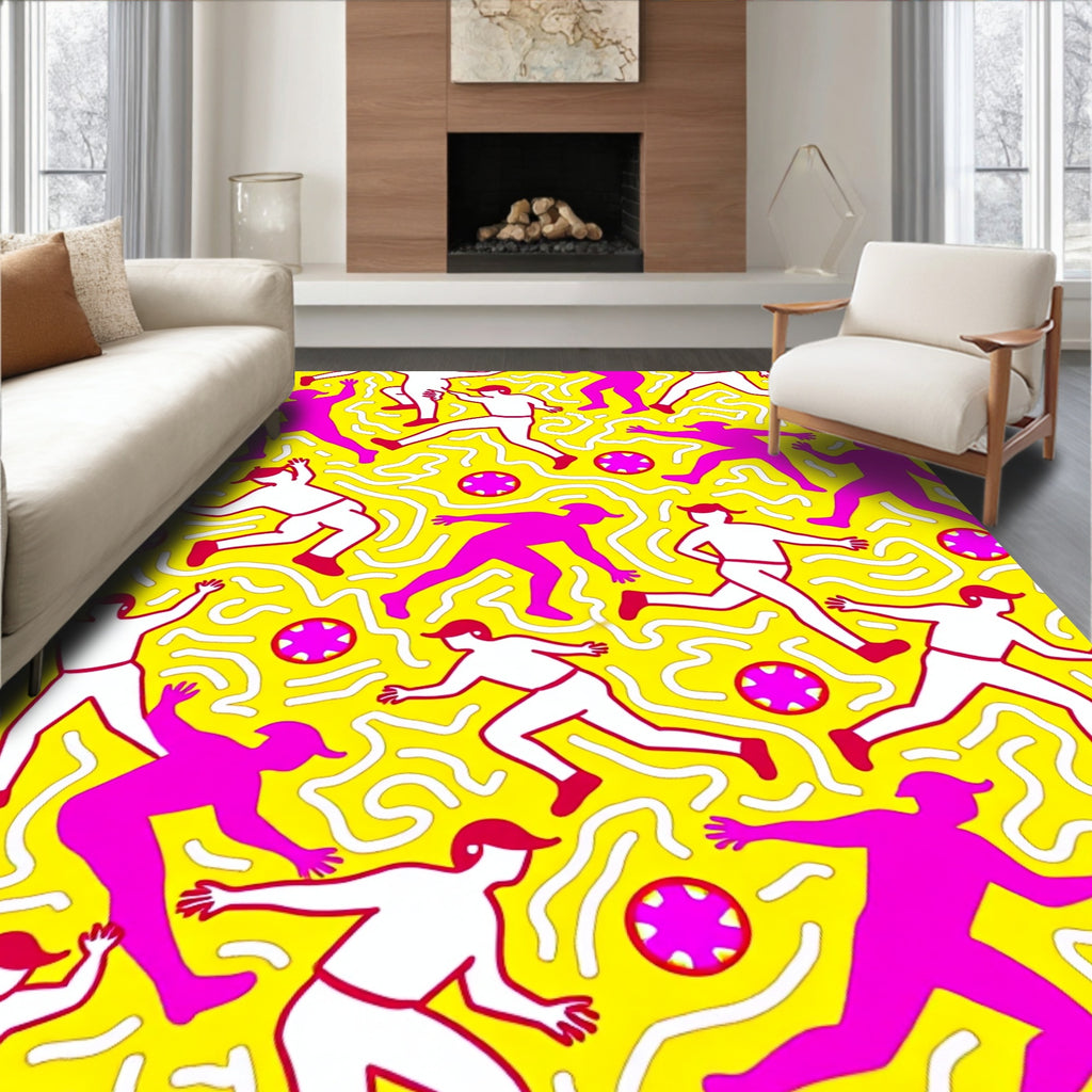 Pink White Figure Yellow Maze Rug