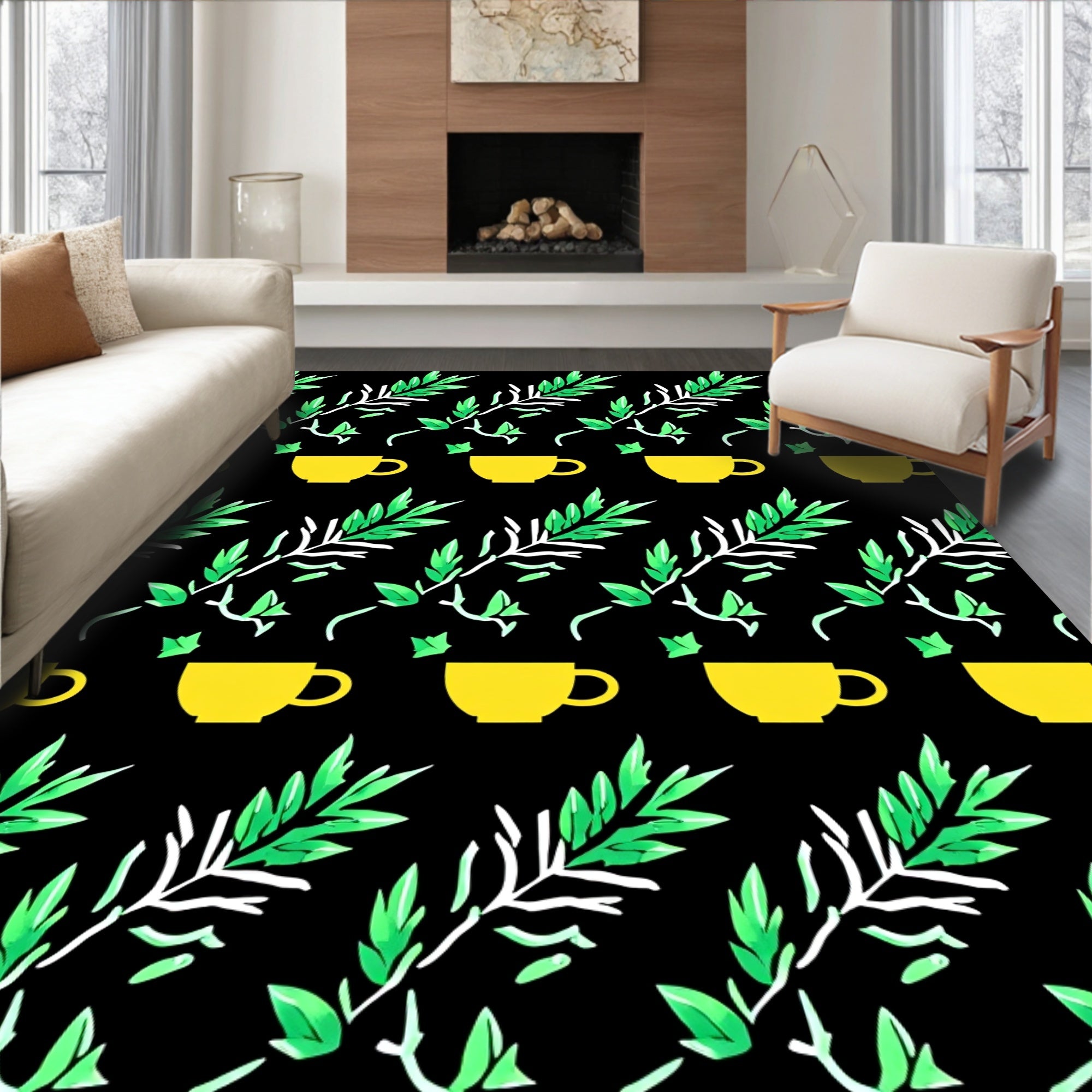 Yellow Cups with Green Leaf Sprigs Rug