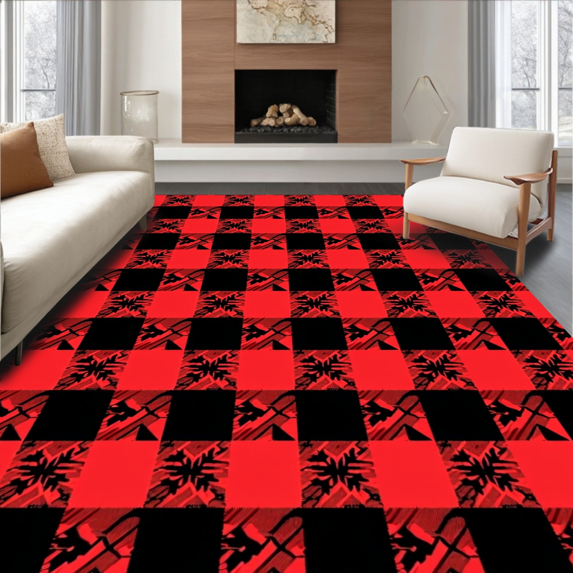 Rustic Red Black Buffalo Check Leaf Rug
