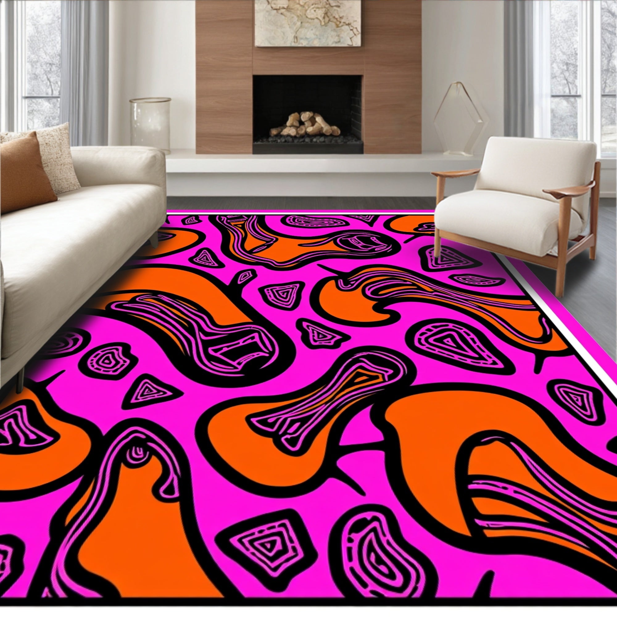 Vibrant Pink Orange Swirl Abstract Rug