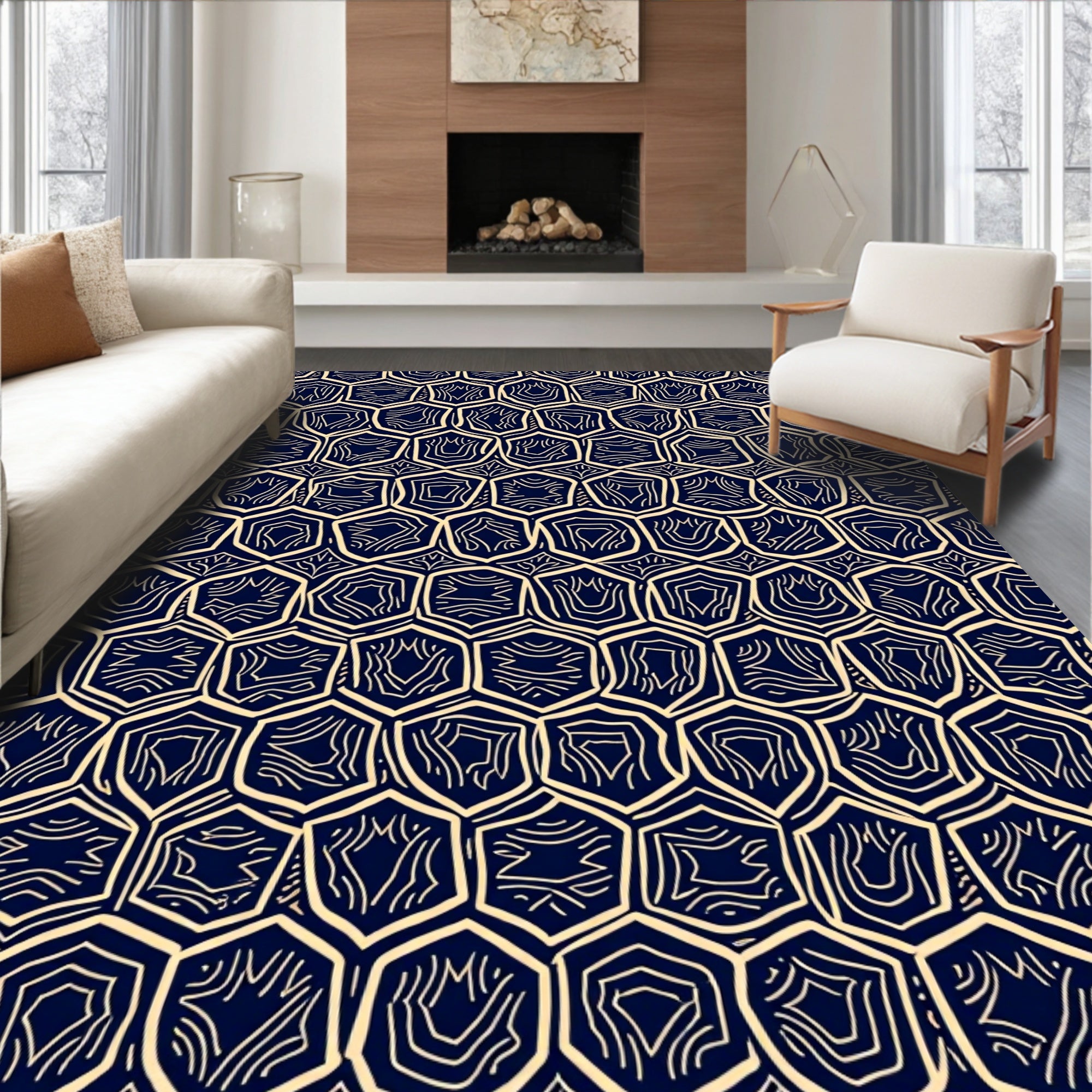 Navy Ivory Geometric Honeycomb Arrangement Rug