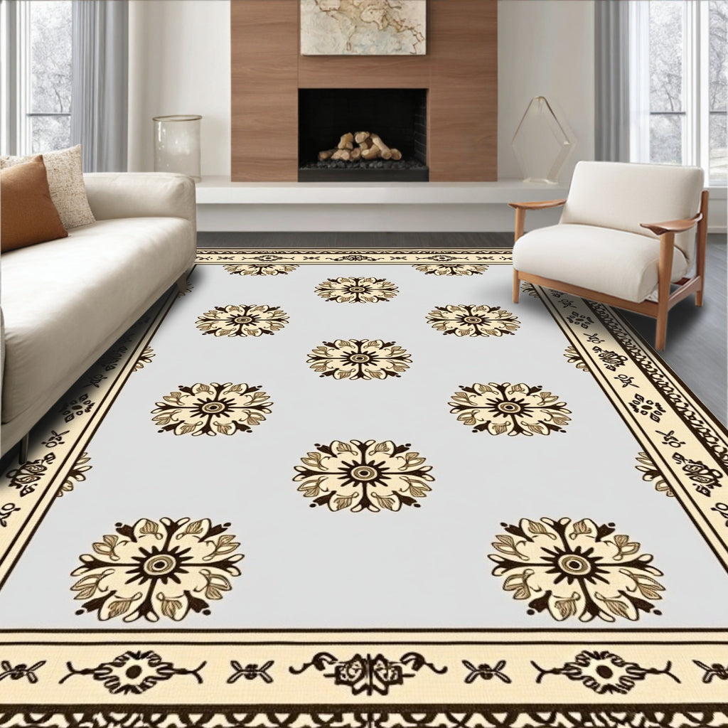 Light Blue Beige Floral Medallion Border Rug