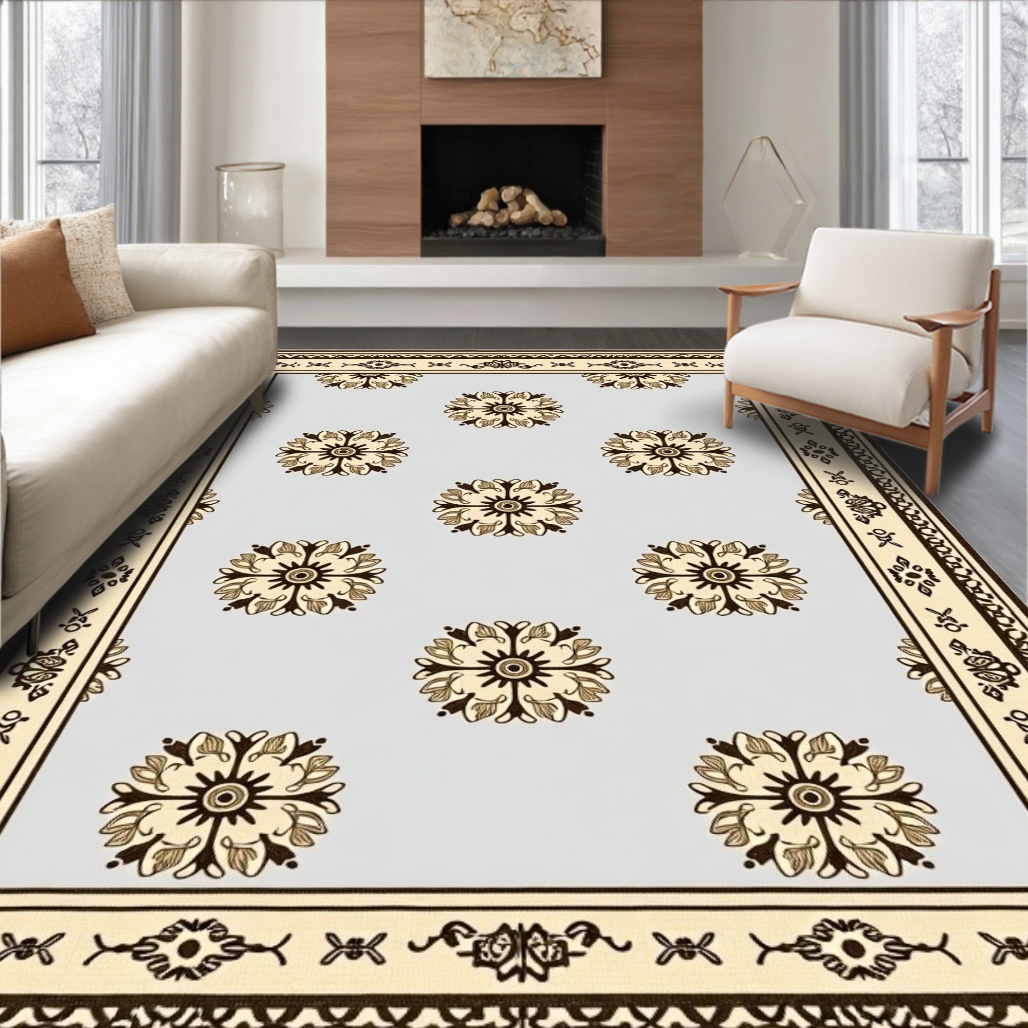 Light Blue Beige Floral Medallion Border Rug