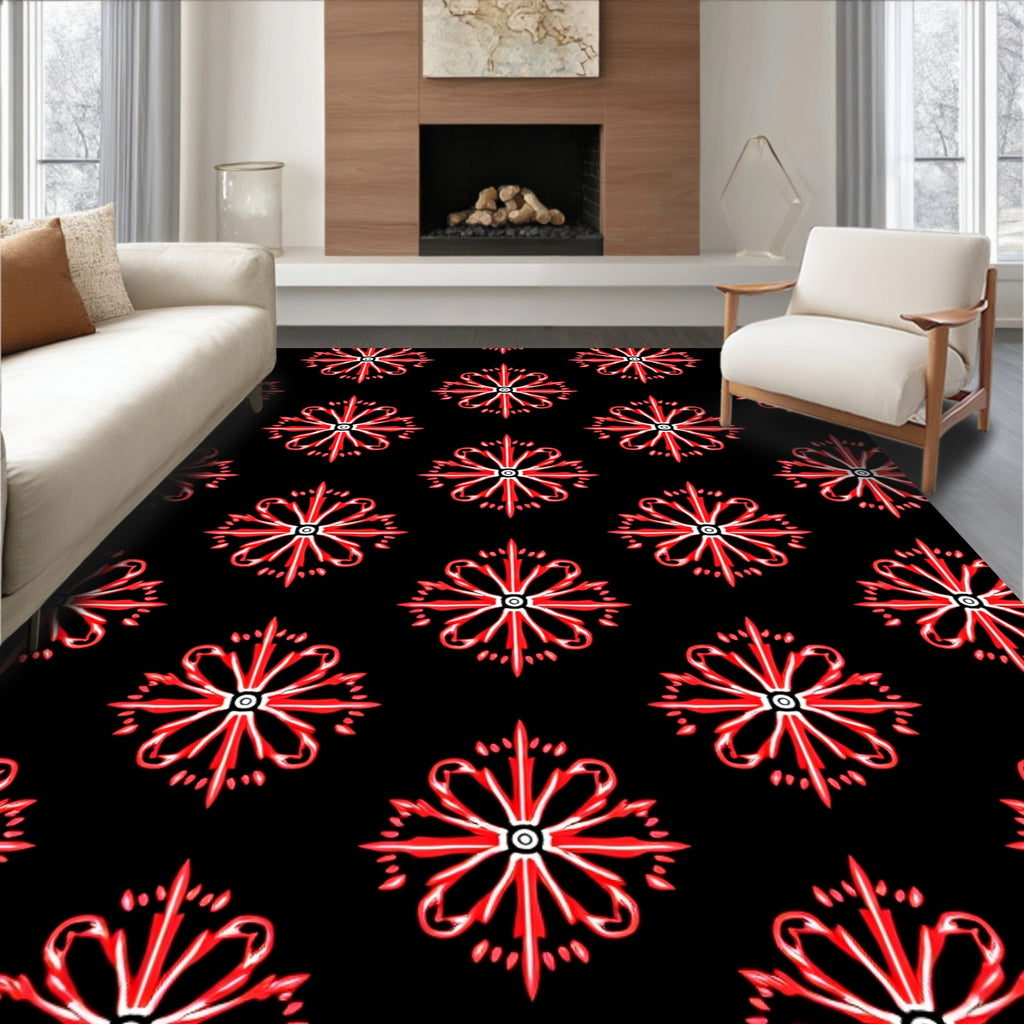 Red Floral Medallion Black Background Rug