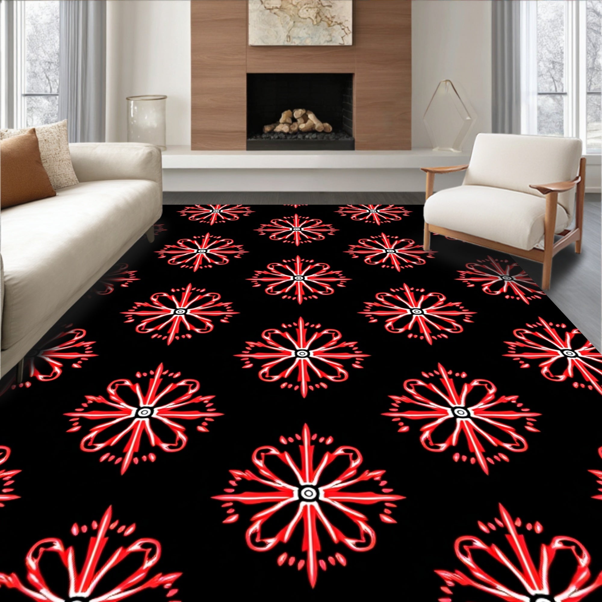 Red Floral Medallion Black Background Rug