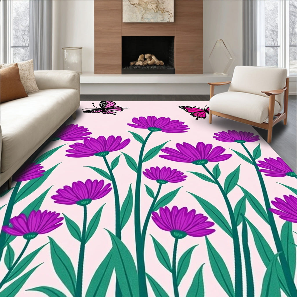 Vibrant Pink Butterfly Purple Floral Rug