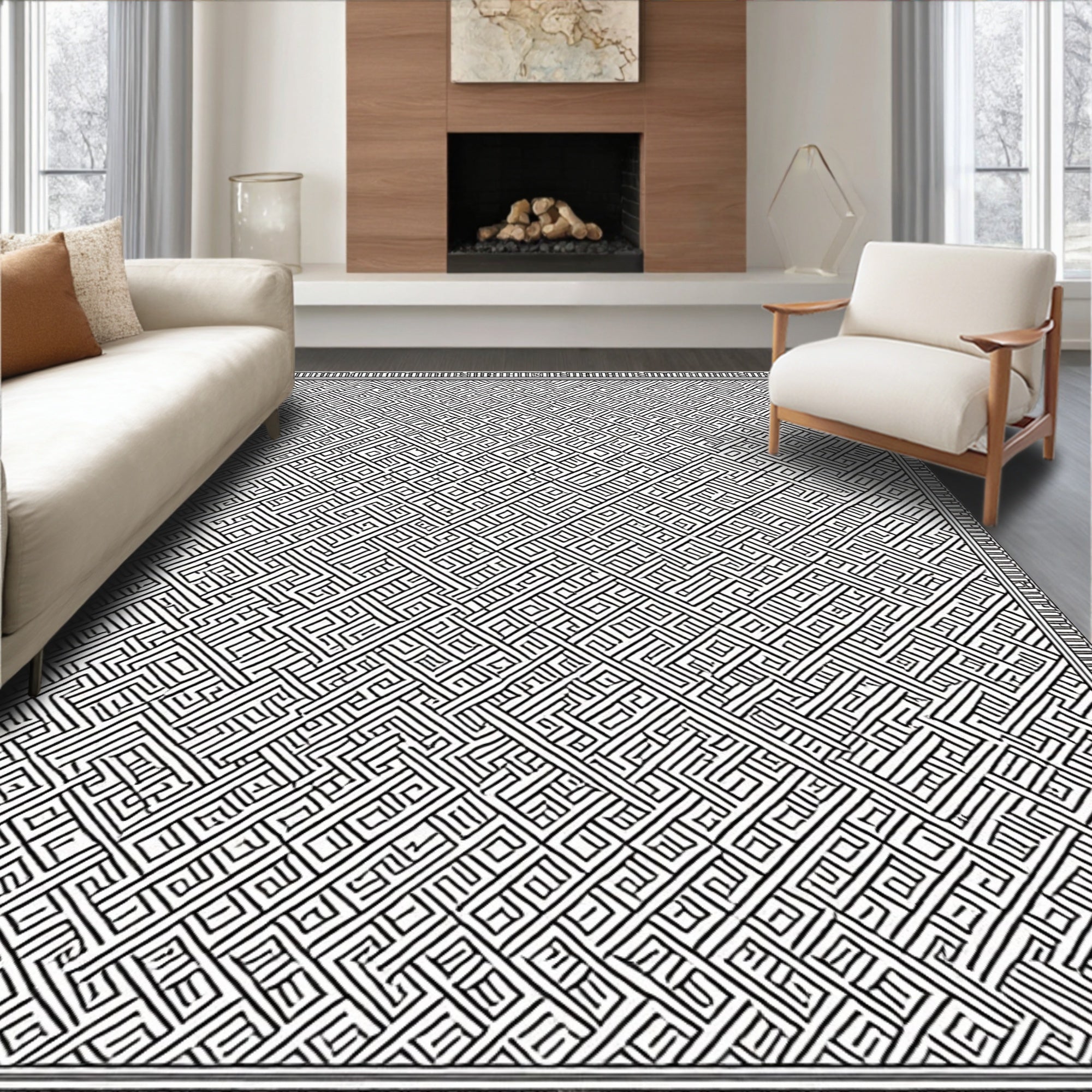 Intricate Black and White Geometric Maze Rug