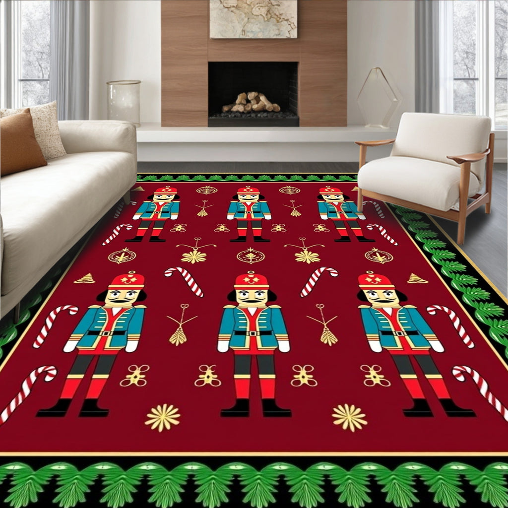Festive Nutcrackers Red Christmas Scene Rug