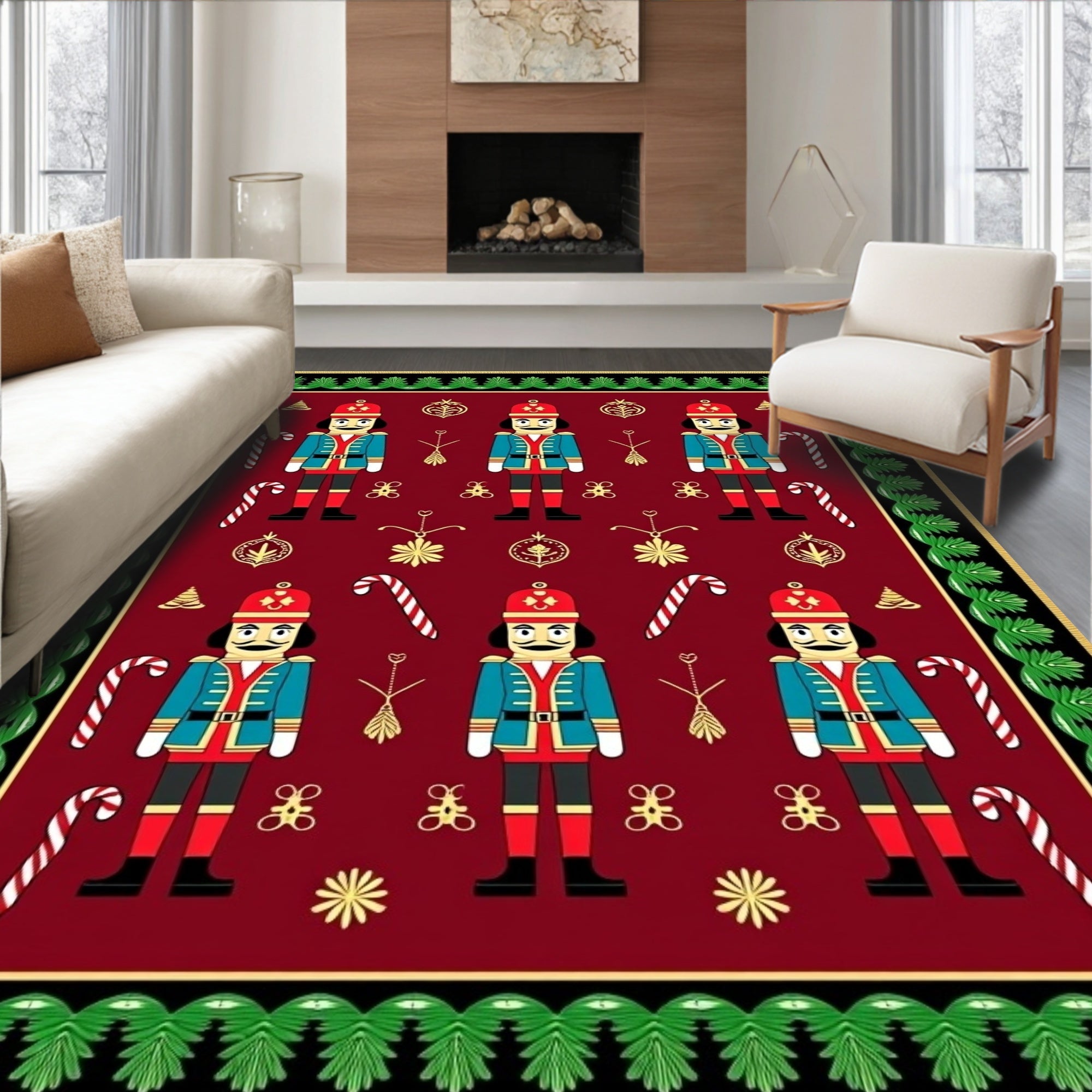 Festive Nutcrackers Red Christmas Scene Rug