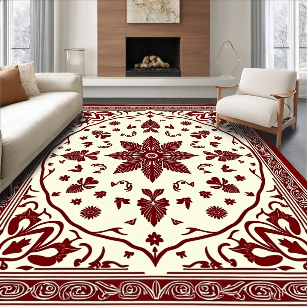 Deep Red Floral Mandala Garden Rug
