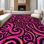 Vibrant Pink Gold Swirls Black Rug