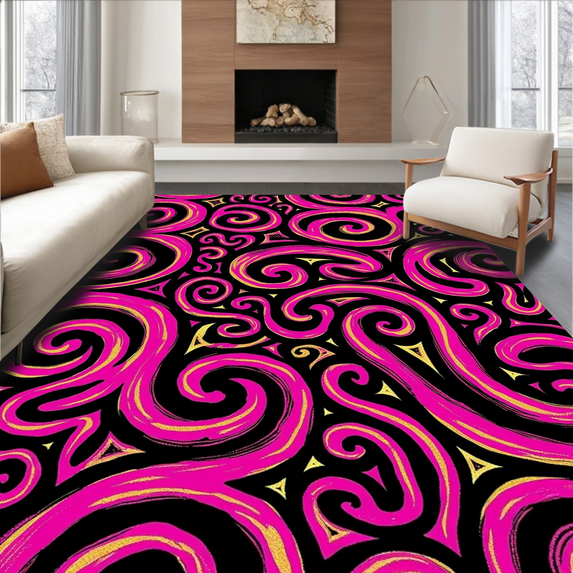 Vibrant Pink Gold Swirls Black Rug