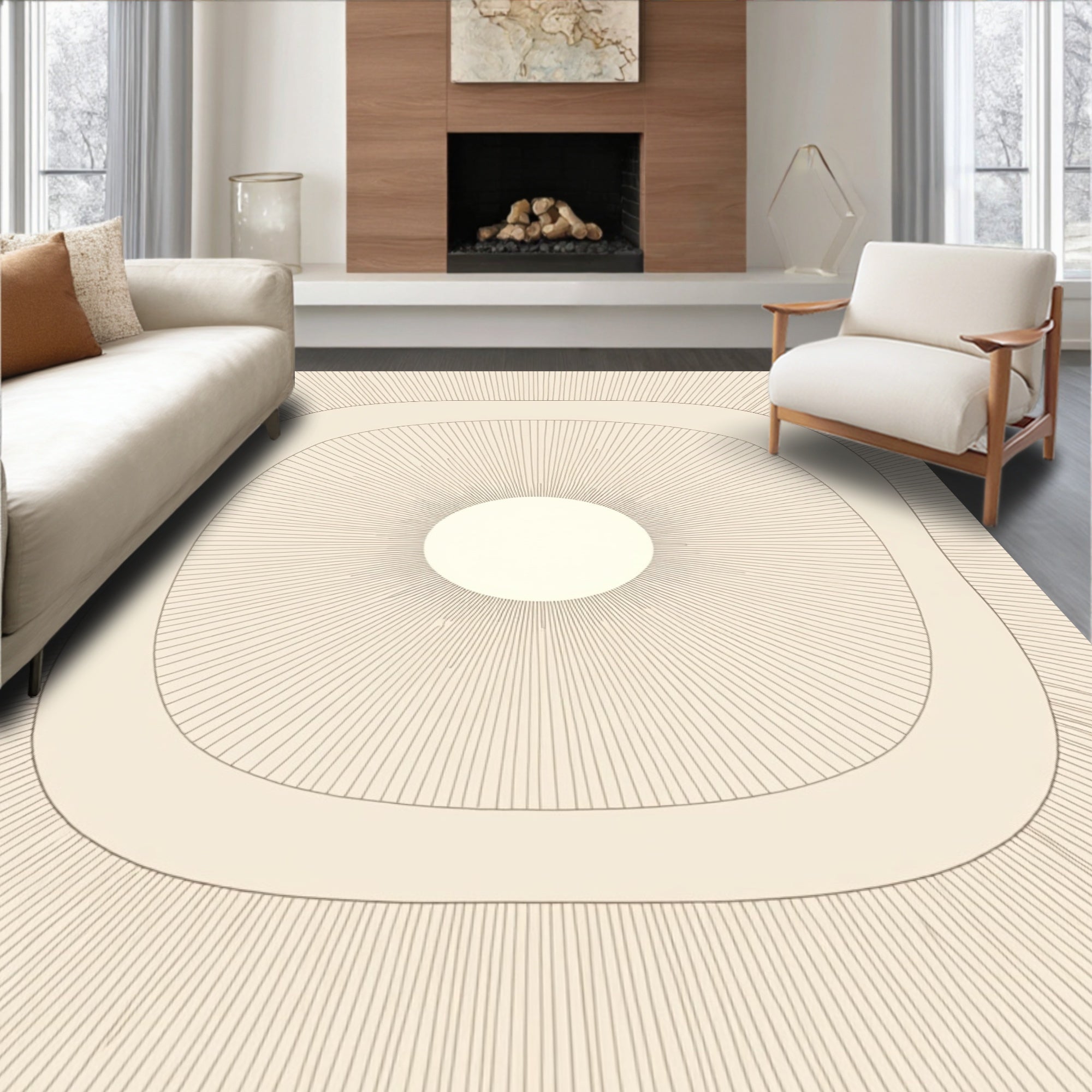 Cream Radiating Sunburst Frame Rug
