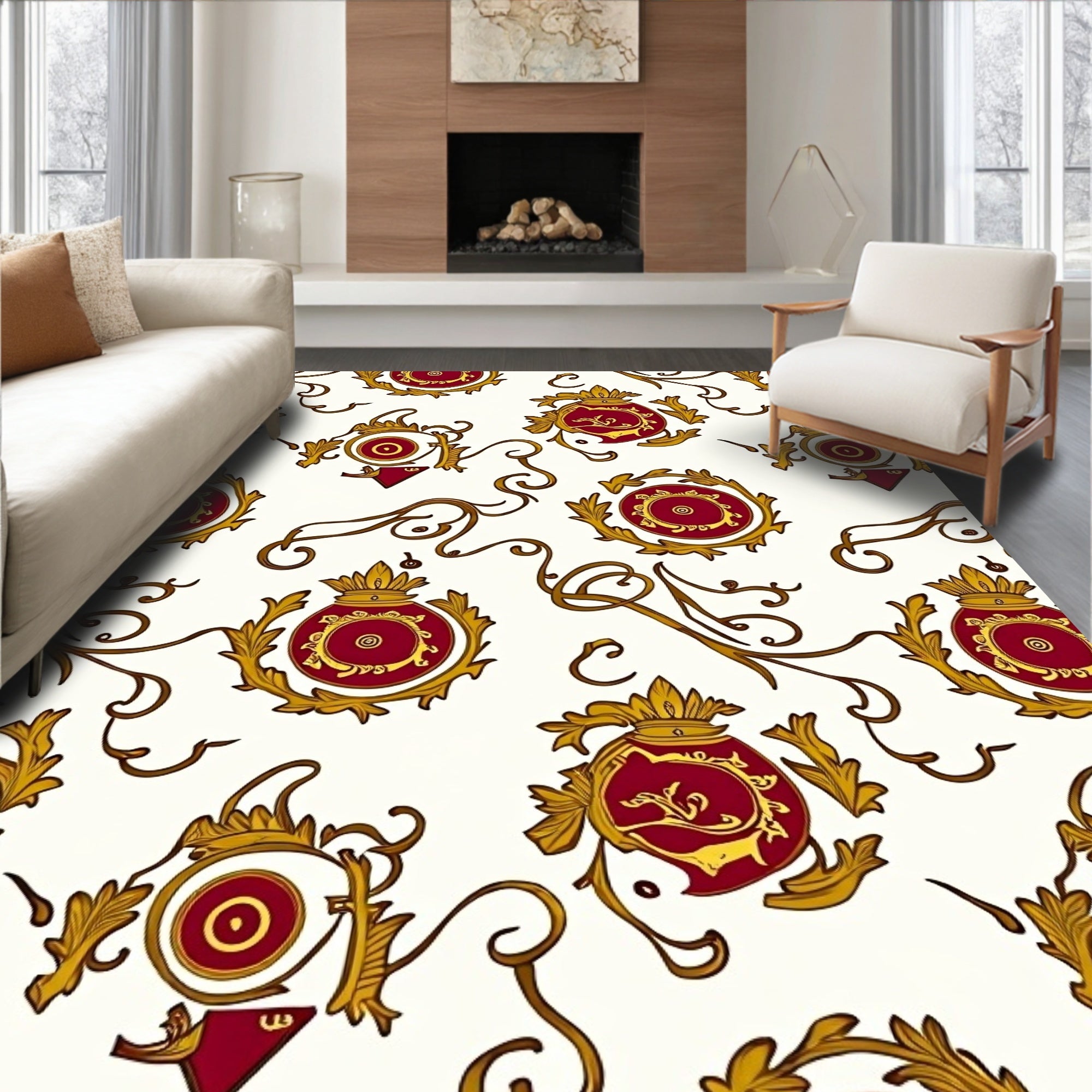 Crimson Gold Flourish Scroll Medallion Rug