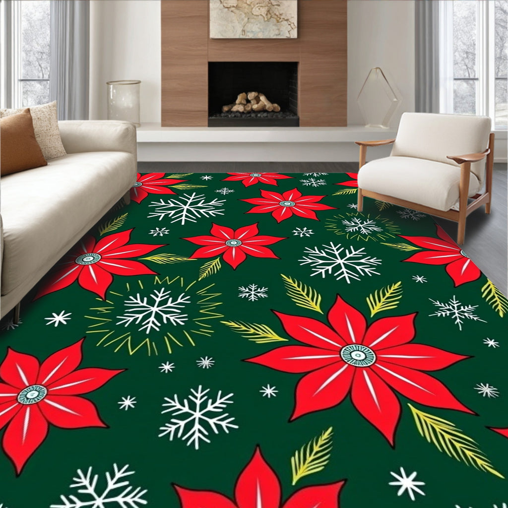 Red Poinsettia Snowflake Holiday Emerald Rug
