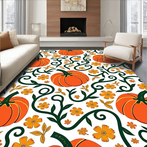 Autumn Orange Pumpkin Floral Swirl Rug