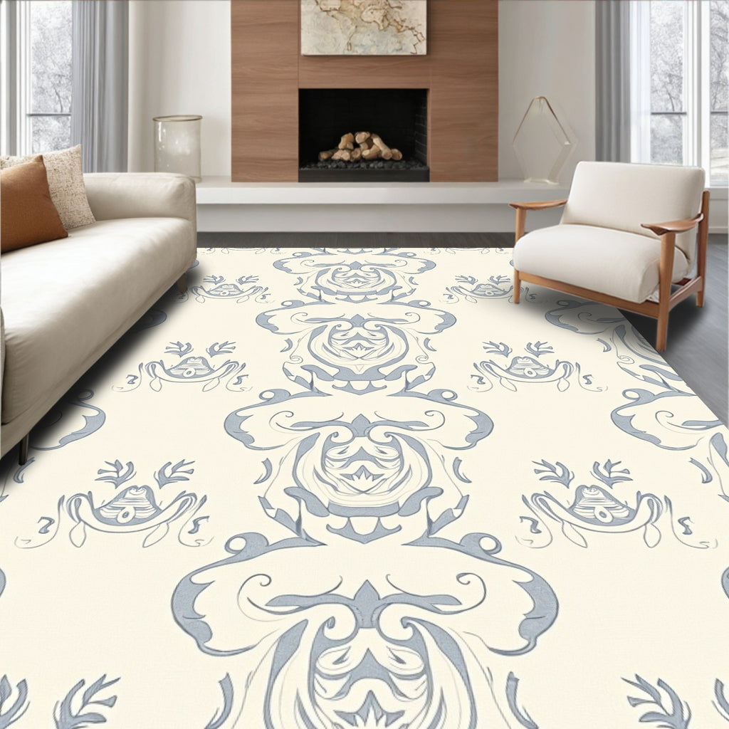 Light Blue Damask Scroll Ornament Rug