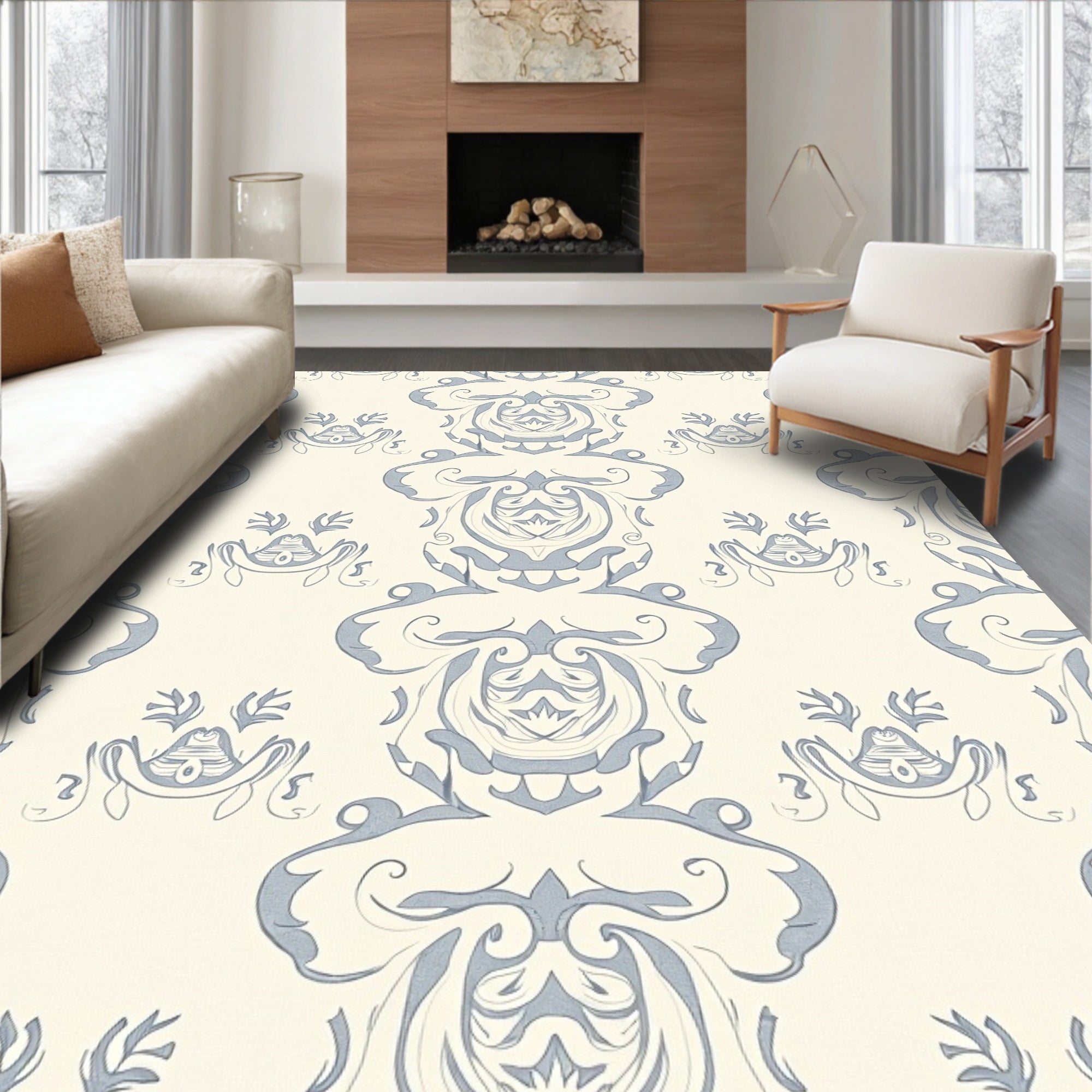 Light Blue Damask Scroll Ornament Rug