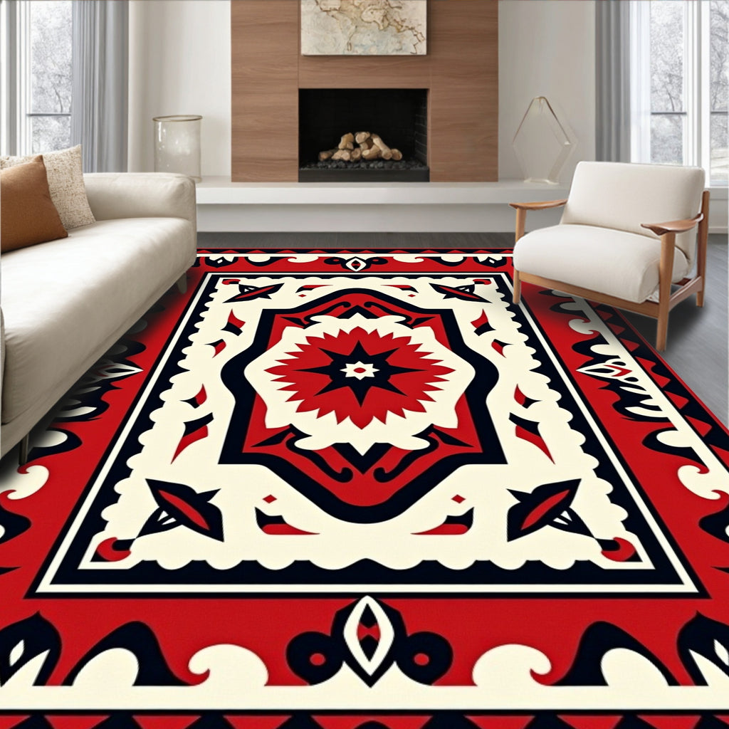 Bold Red Central Starburst Border Rug