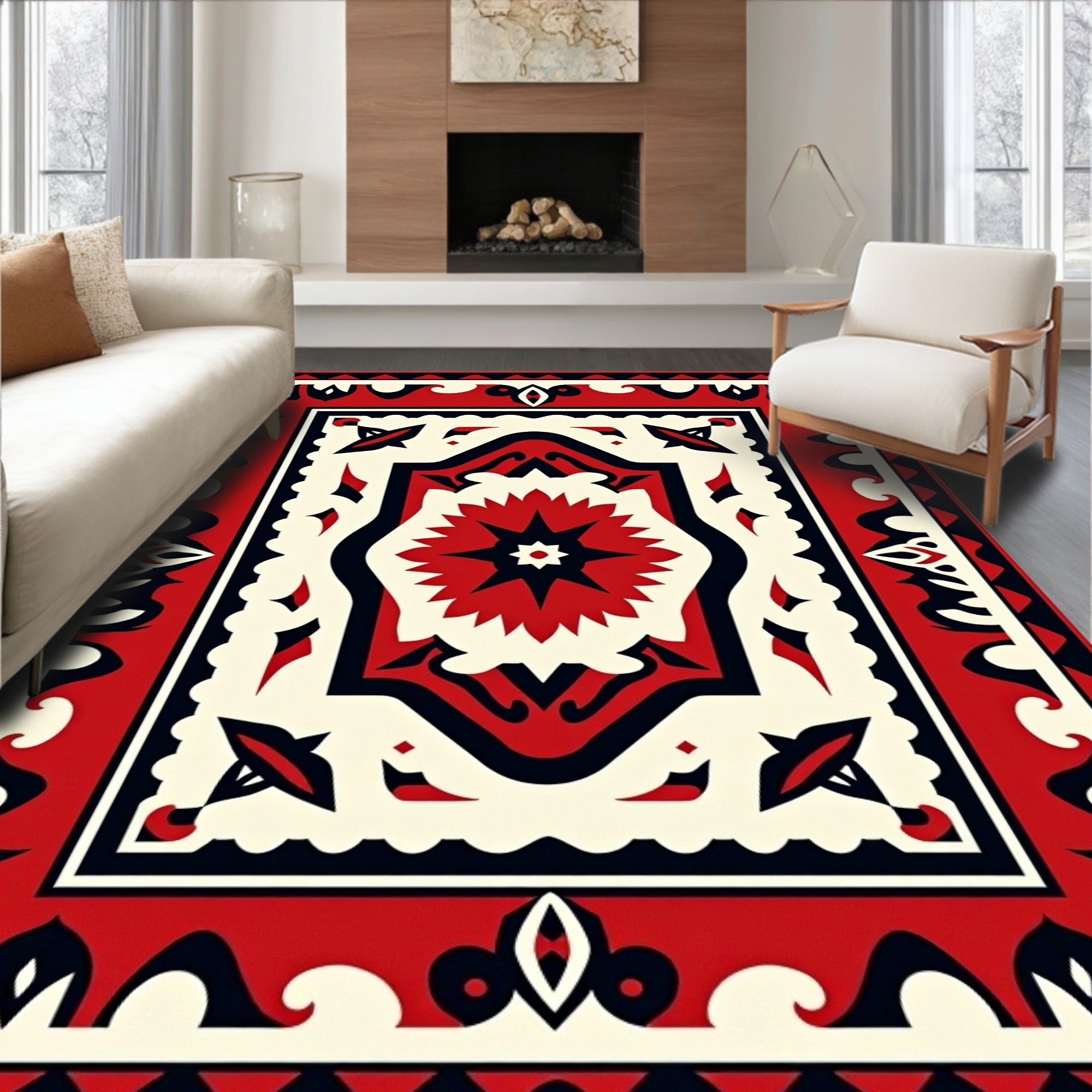 Bold Red Central Starburst Border Rug