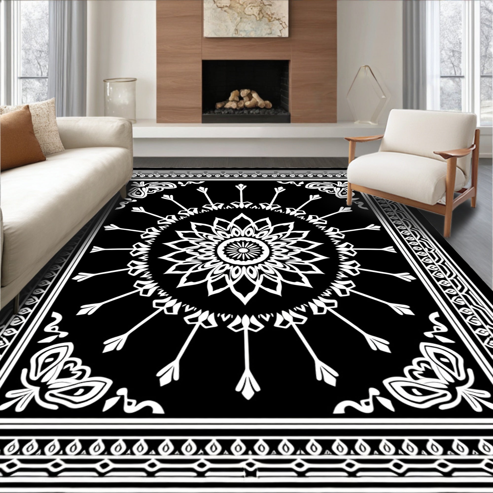 Black White Floral Radiating Border Rug