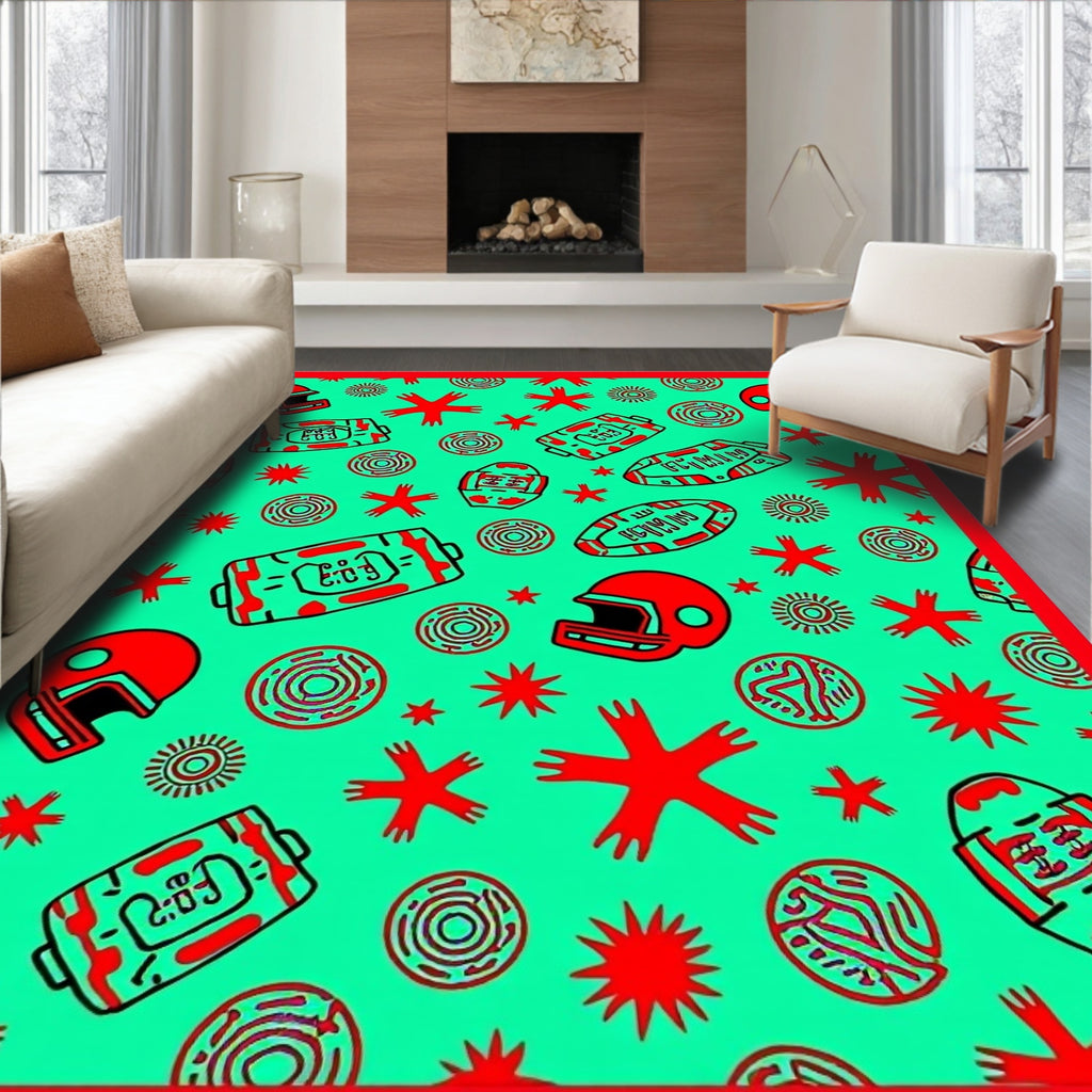 Red Helmets Teal Abstract Sport Rug