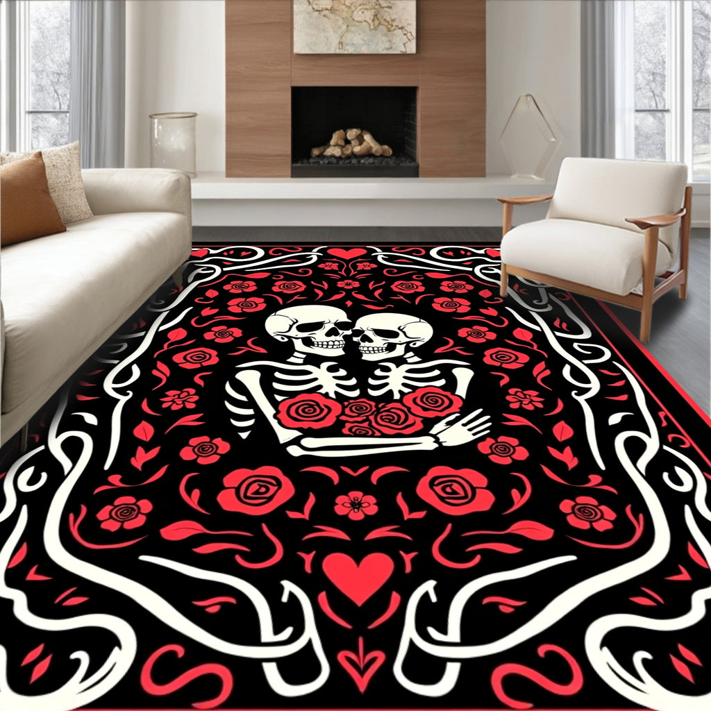 Crimson Skeleton Lovers Rose Frame Rug