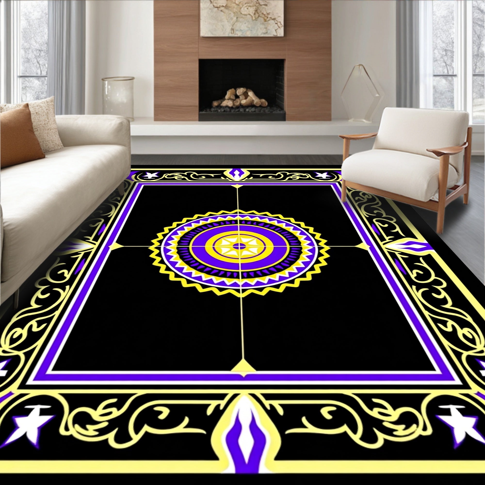 Bold Purple Yellow Sunburst Medallion Rug